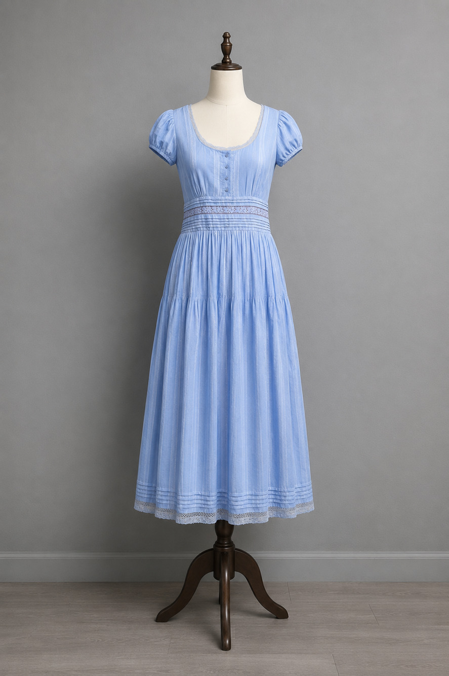 J.Crew 6 Blue Striped Puff Sleeve Midi Dress NWT $188 Cottagecore Lace Trim